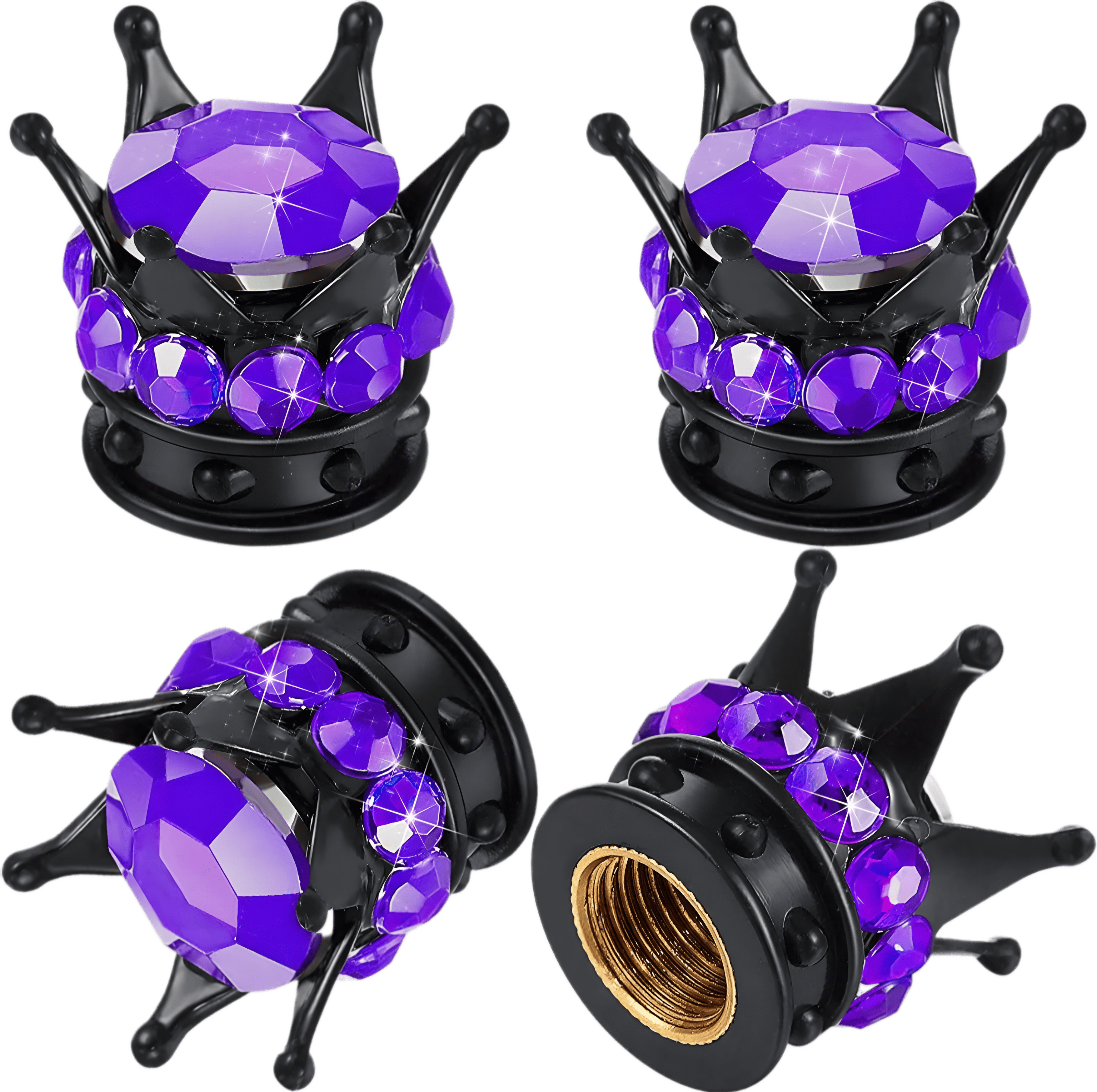 Elegant purple crown-shaped tire valve caps with sparkling rhinestones. These stylish and durable valve covers protect against dust and air leaks while adding a luxurious and regal touch to any car, motorcycle, SUV, or truck.