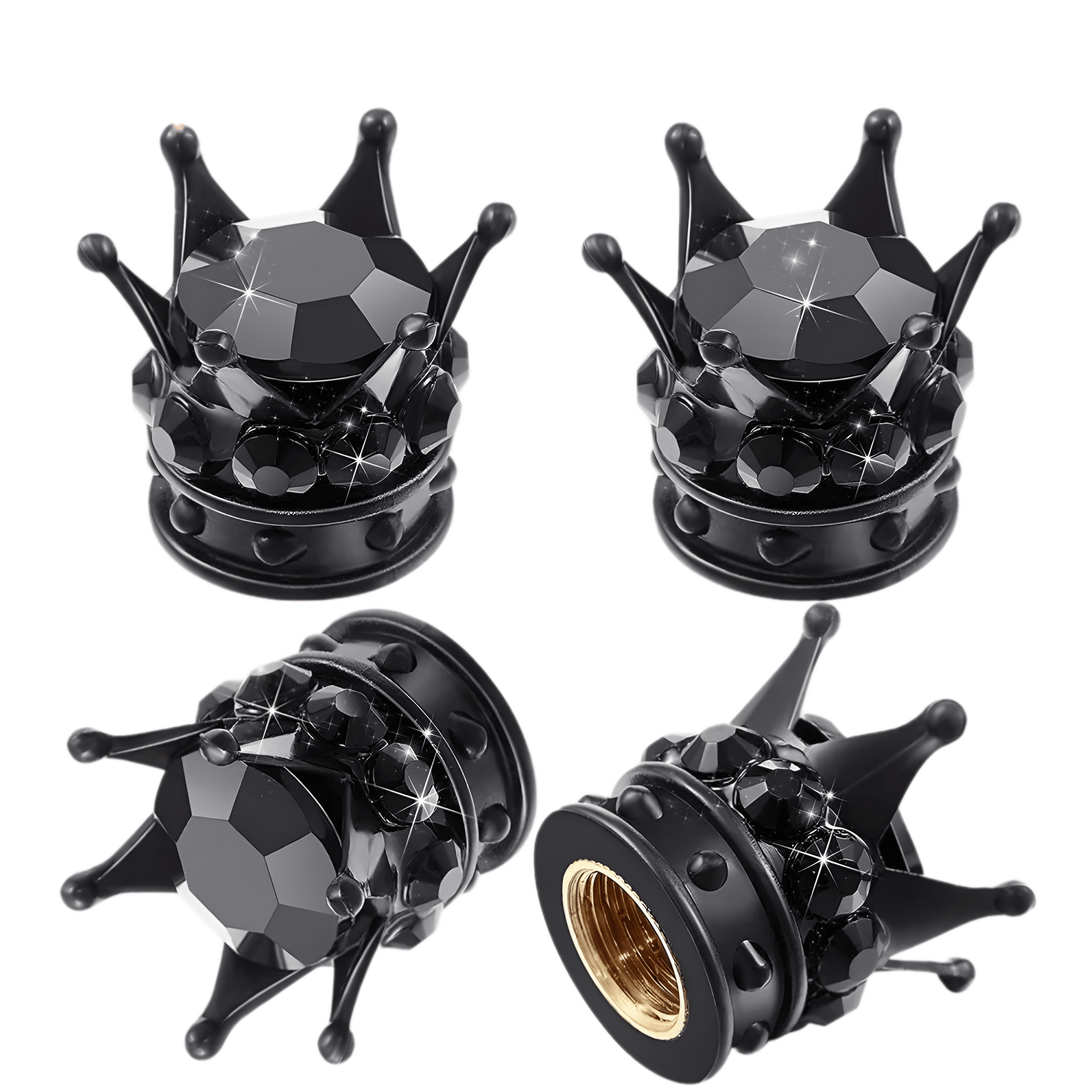 Luxurious black crown-shaped tire valve caps with sparkling rhinestones. These premium valve covers provide dust and air leak protection while adding a sleek, elegant touch to any car, motorcycle, SUV, or truck.