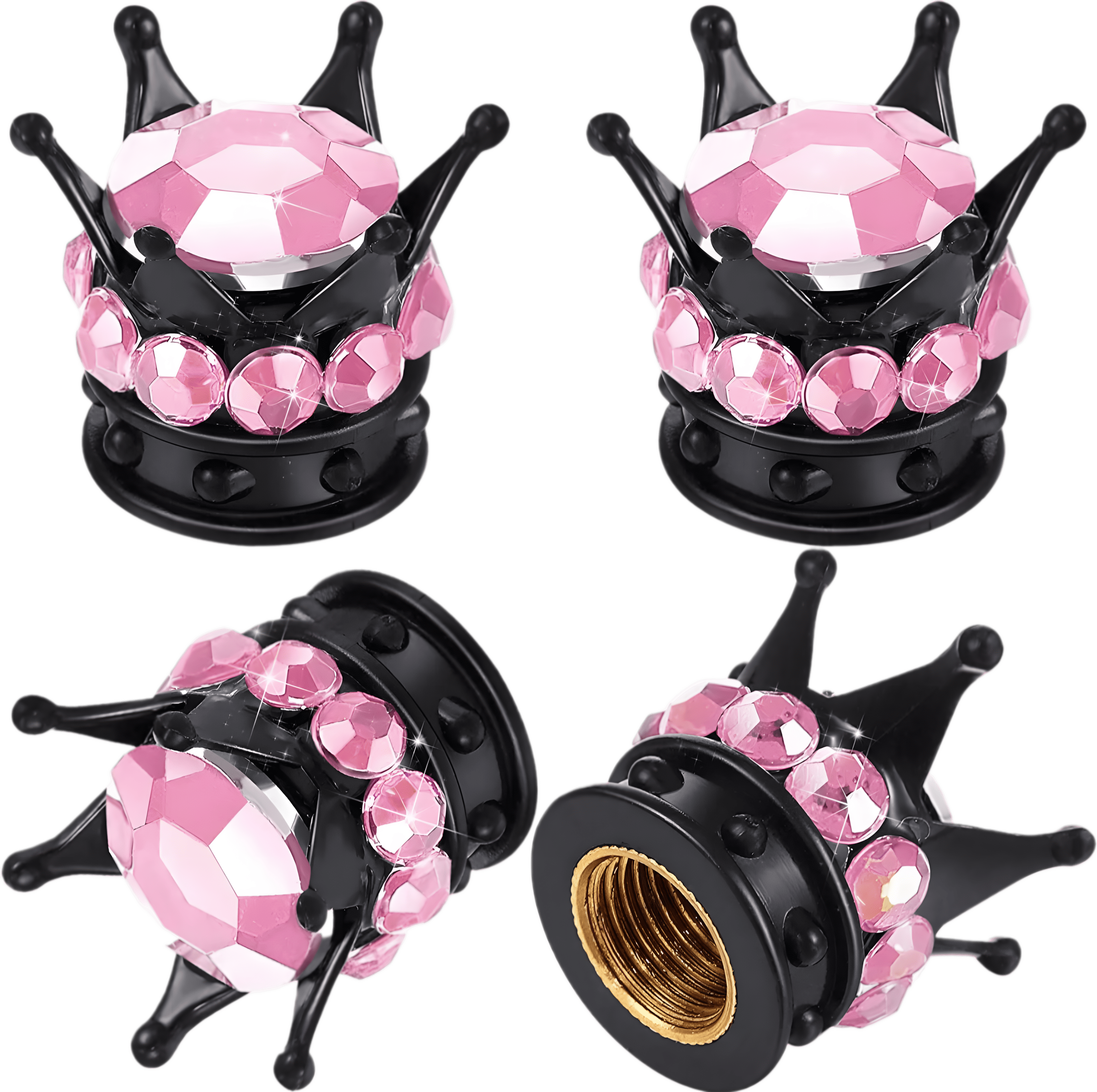 Elegant black crown-shaped tire valve caps adorned with sparkling pink rhinestones. These stylish and durable valve covers provide dust and air leak protection while adding a luxurious touch to any vehicle, including cars, motorcycles, and SUVs.