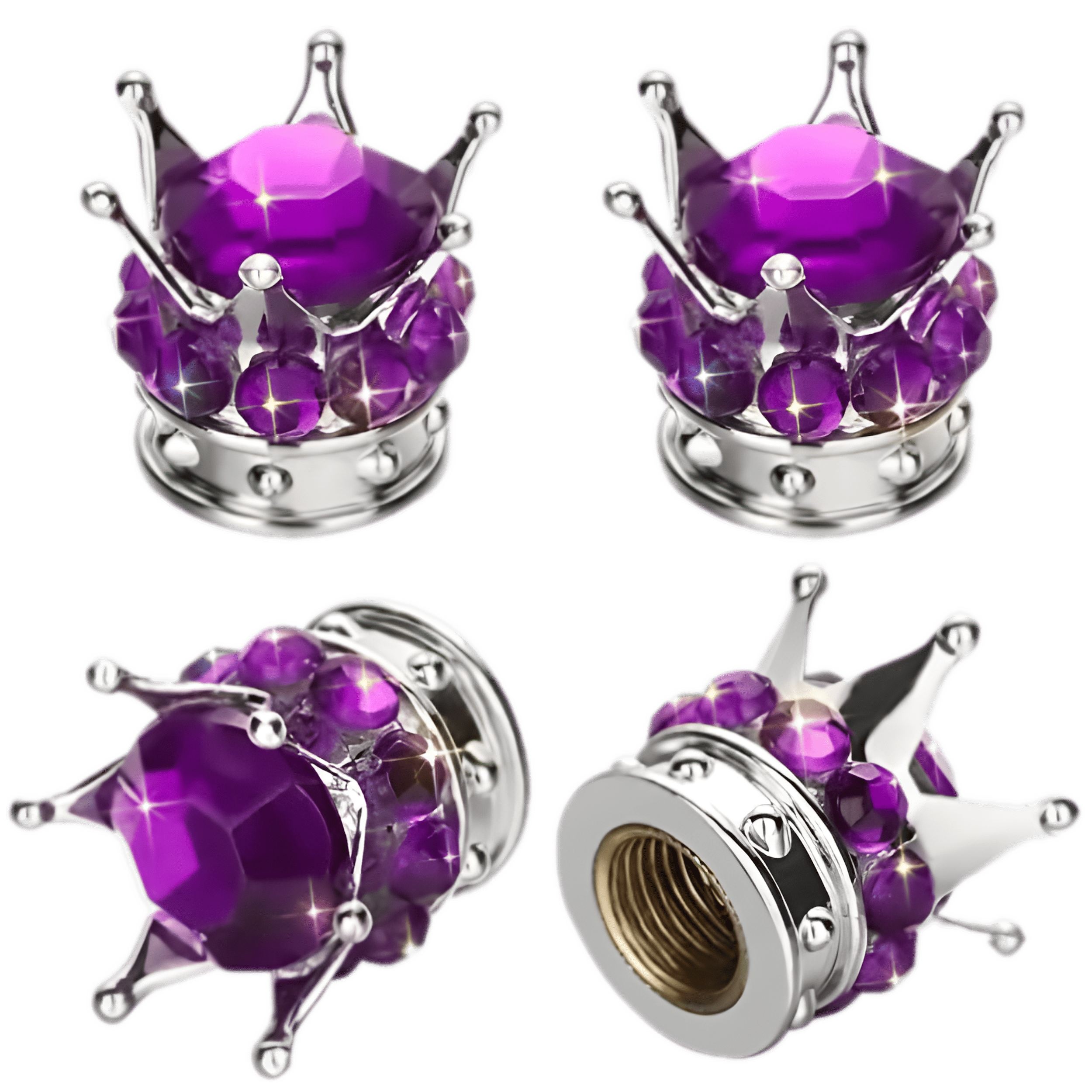 Luxurious purple crown-shaped tire valve caps adorned with dazzling rhinestones. Stylish and protective valve covers designed to prevent dust and air leaks, perfect for adding a royal touch to any car, motorcycle, SUV, or truck.