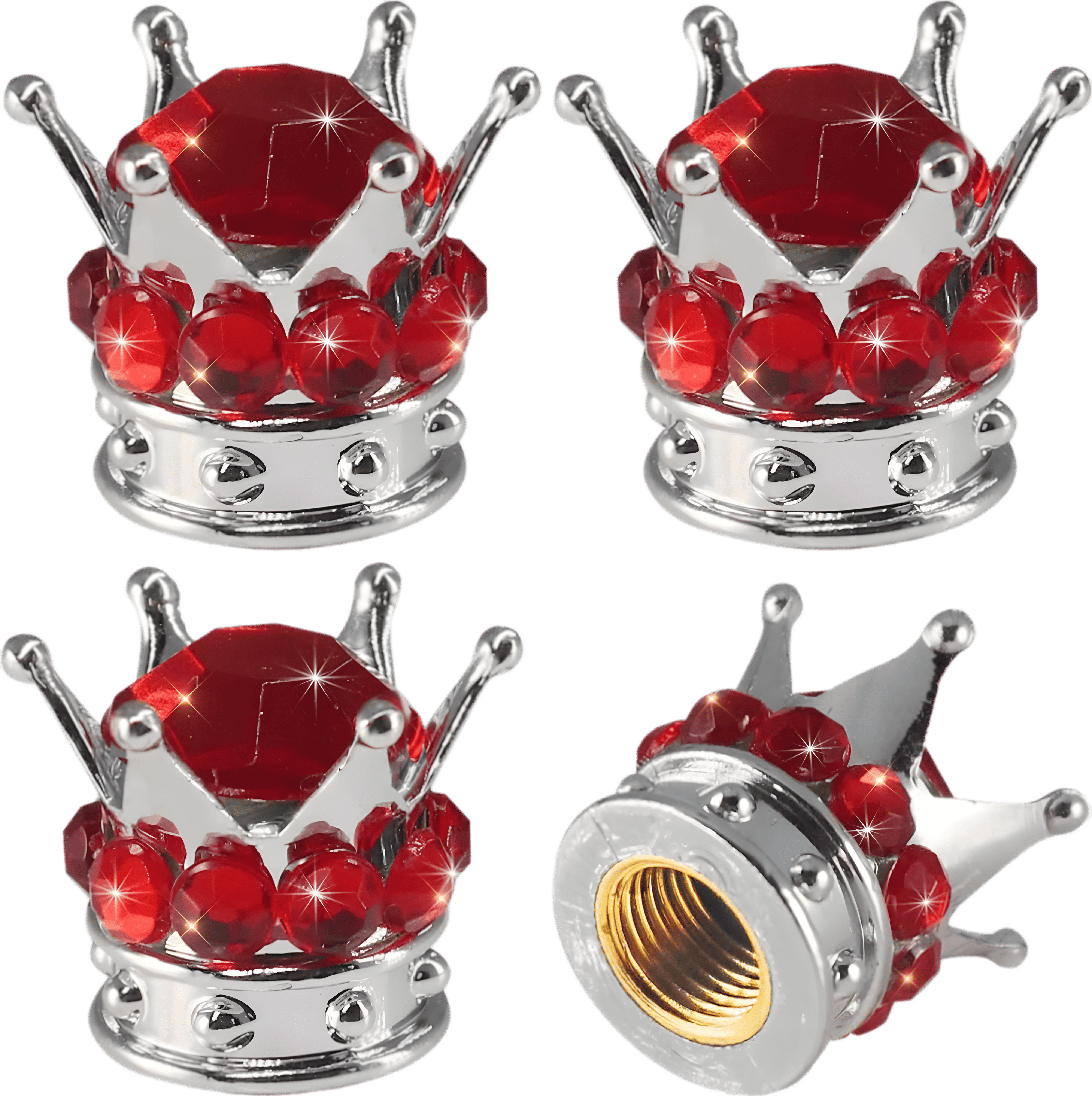 Luxurious silver crown-shaped tire valve caps encrusted with sparkling red rhinestones. These premium valve covers enhance any car, motorcycle, or bicycle with an elegant and regal touch while protecting against dust and air leaks.