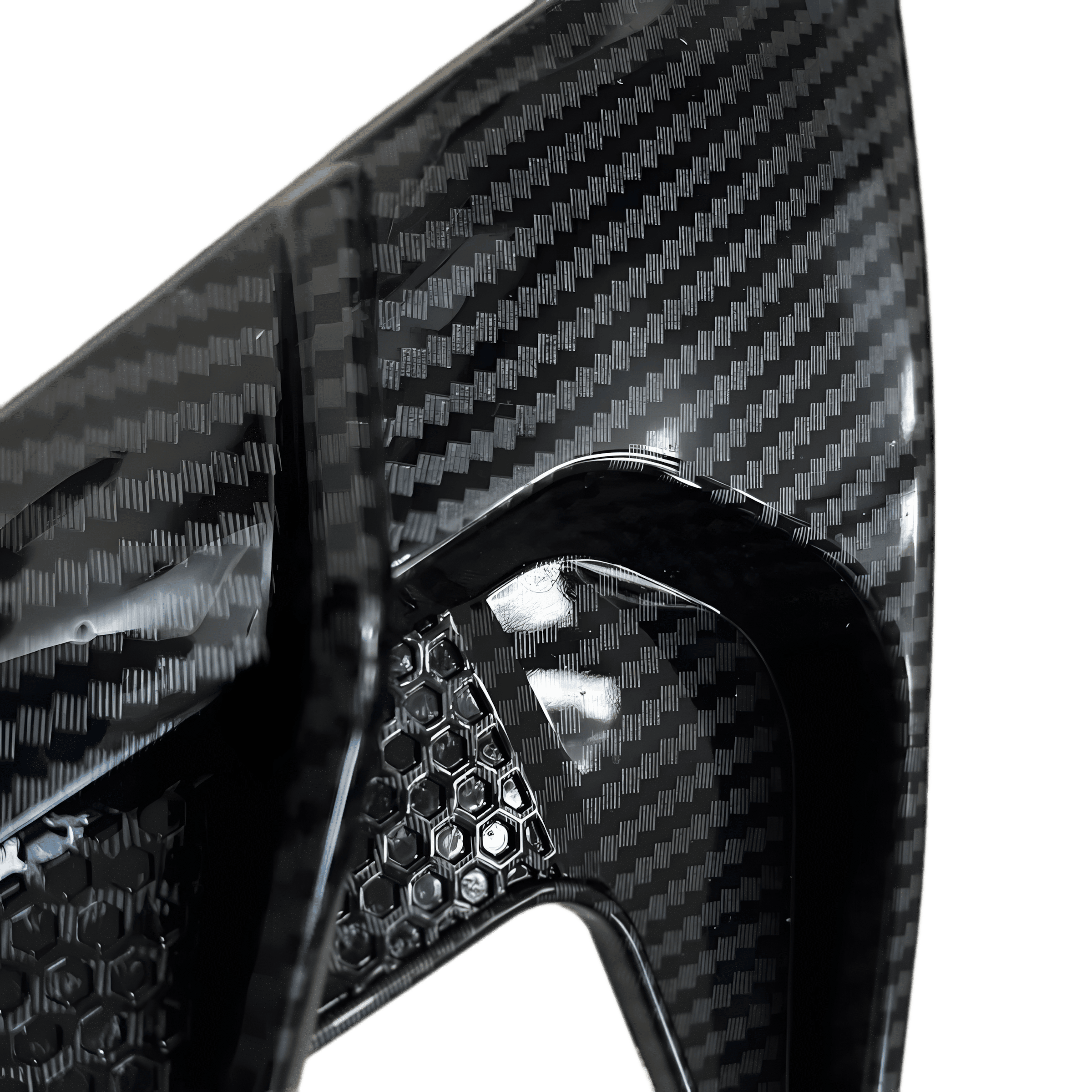 A pair of ChroMorpher Side Fender Vents in a Carbon Look finish, displayed on a transparent background. These vents feature a sleek, aerodynamic design with an aggressive, sporty appearance. Made from high-quality weatherproof rubber, they are durable and easy to install with a self-adhesive backing. The carbon fiber pattern enhances the modern styling, making them a perfect upgrade for car fenders on various vehicle types, including sedans, SUVs, and sports cars.