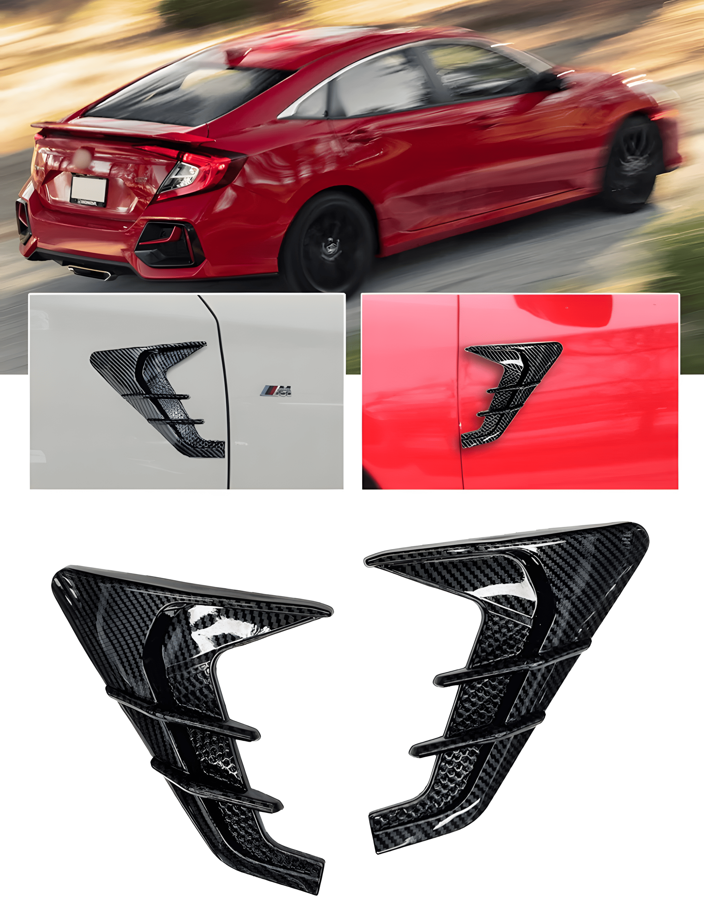 A showcase of the ChroMorpher Side Fender Vent in a Carbon Look finish, featuring installation examples on different vehicles. The image highlights the sleek, aggressive styling that enhances the car’s exterior with a sporty, aerodynamic touch. The high-gloss carbon fiber pattern adds a premium look, while the self-adhesive backing allows for easy, drill-free installation. Ideal for sedans, sports cars, and SUVs, this fender vent provides a bold upgrade while maintaining durability and weather resistance.