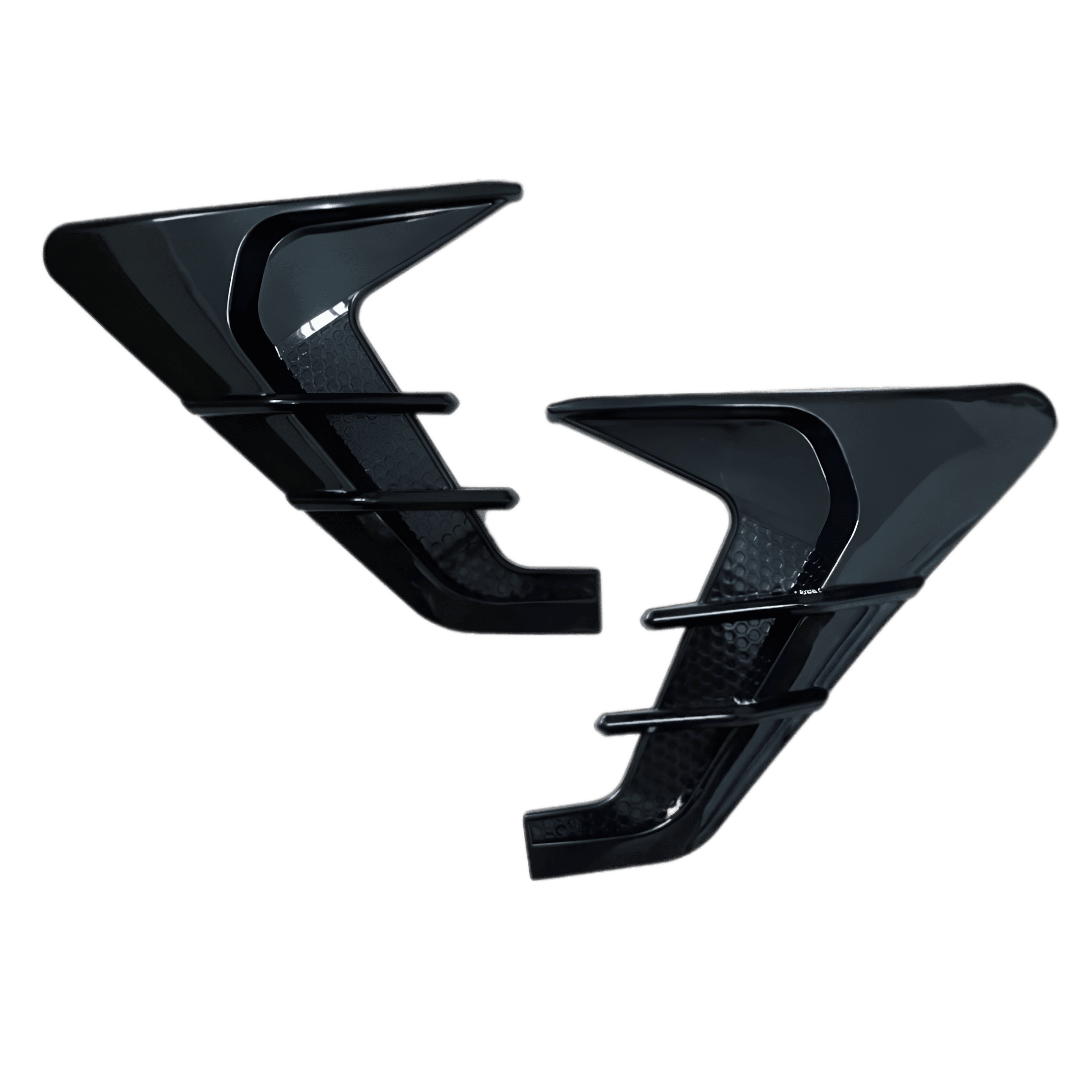 A pair of ChroMorpher Side Fender Vents in a Glossy Black finish, displayed on a transparent background. These vents feature a sleek and aerodynamic design, adding a sporty and aggressive look to any vehicle. Made from durable, weatherproof rubber, they provide long-lasting performance and style. The high-gloss surface reflects light beautifully, enhancing the car’s exterior with a premium touch. Designed for easy, drill-free installation, these vents come with a strong adhesive backing for a secure fit.