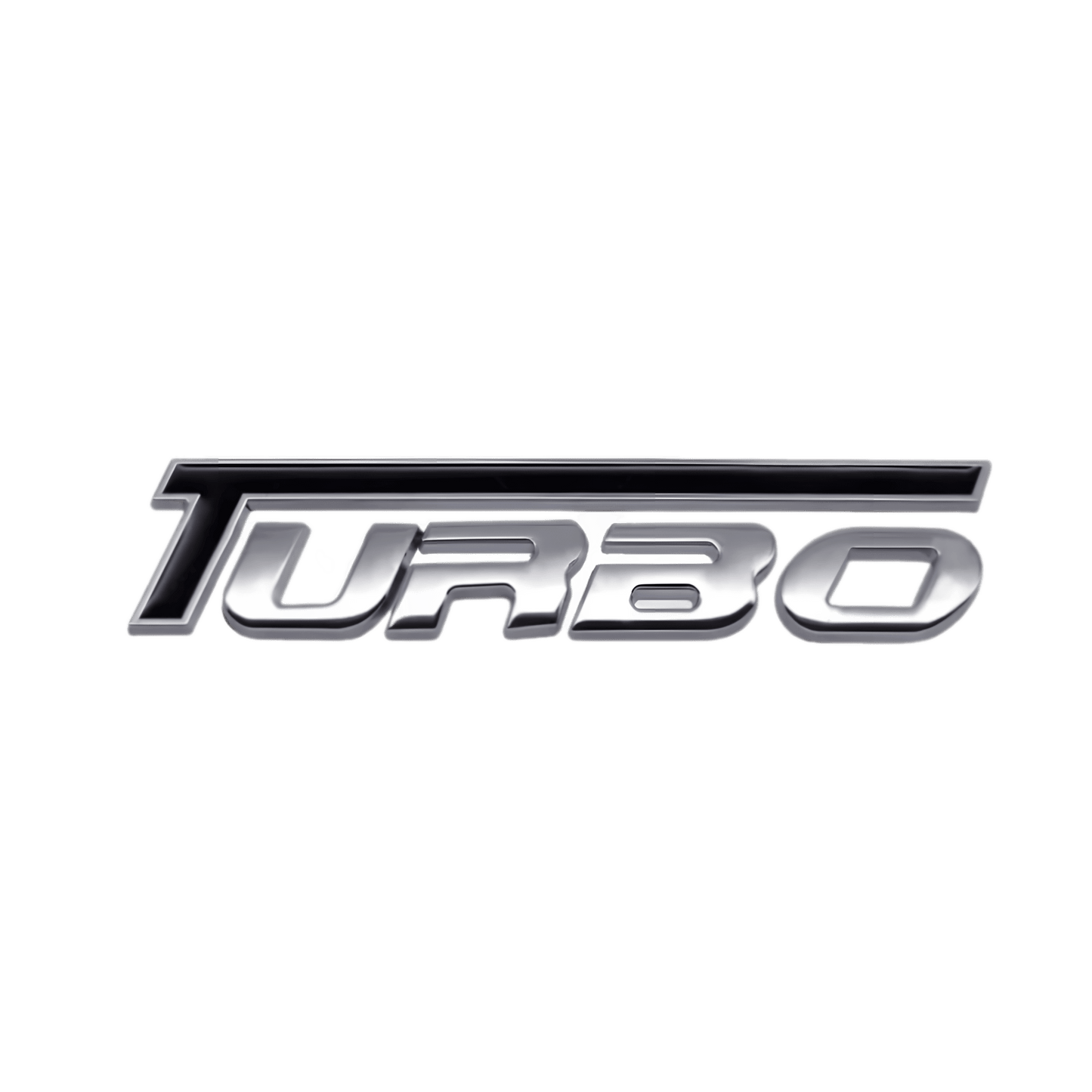 ChroMorpher Silver 3D Turbo Emblem with a sleek metallic finish, displaying the word "TURBO" in a bold, modern style.