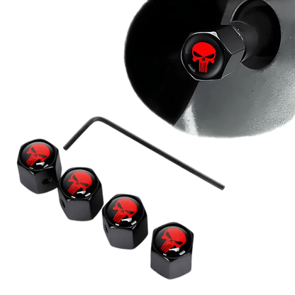 A set of ChroMorpher Punisher Anti-Theft Valve Caps, featuring a bold skull design for an aggressive and stylish wheel upgrade. Made from durable zinc alloy, these anti-theft tire caps protect against air leaks, dust, corrosion, and theft. Designed for universal fitment on cars, motorcycles, bikes, trucks, and SUVs. Comes with an installation tool for added security.