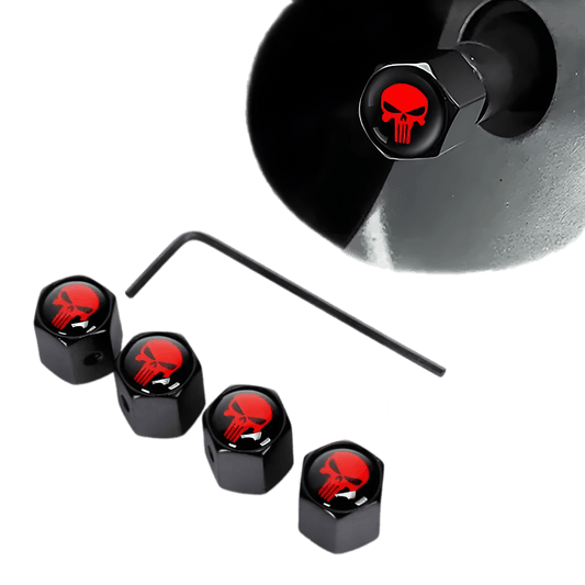 A set of ChroMorpher Punisher Anti-Theft Valve Caps, featuring a bold skull design for an aggressive and stylish wheel upgrade. Made from durable zinc alloy, these anti-theft tire caps protect against air leaks, dust, corrosion, and theft. Designed for universal fitment on cars, motorcycles, bikes, trucks, and SUVs. Comes with an installation tool for added security.