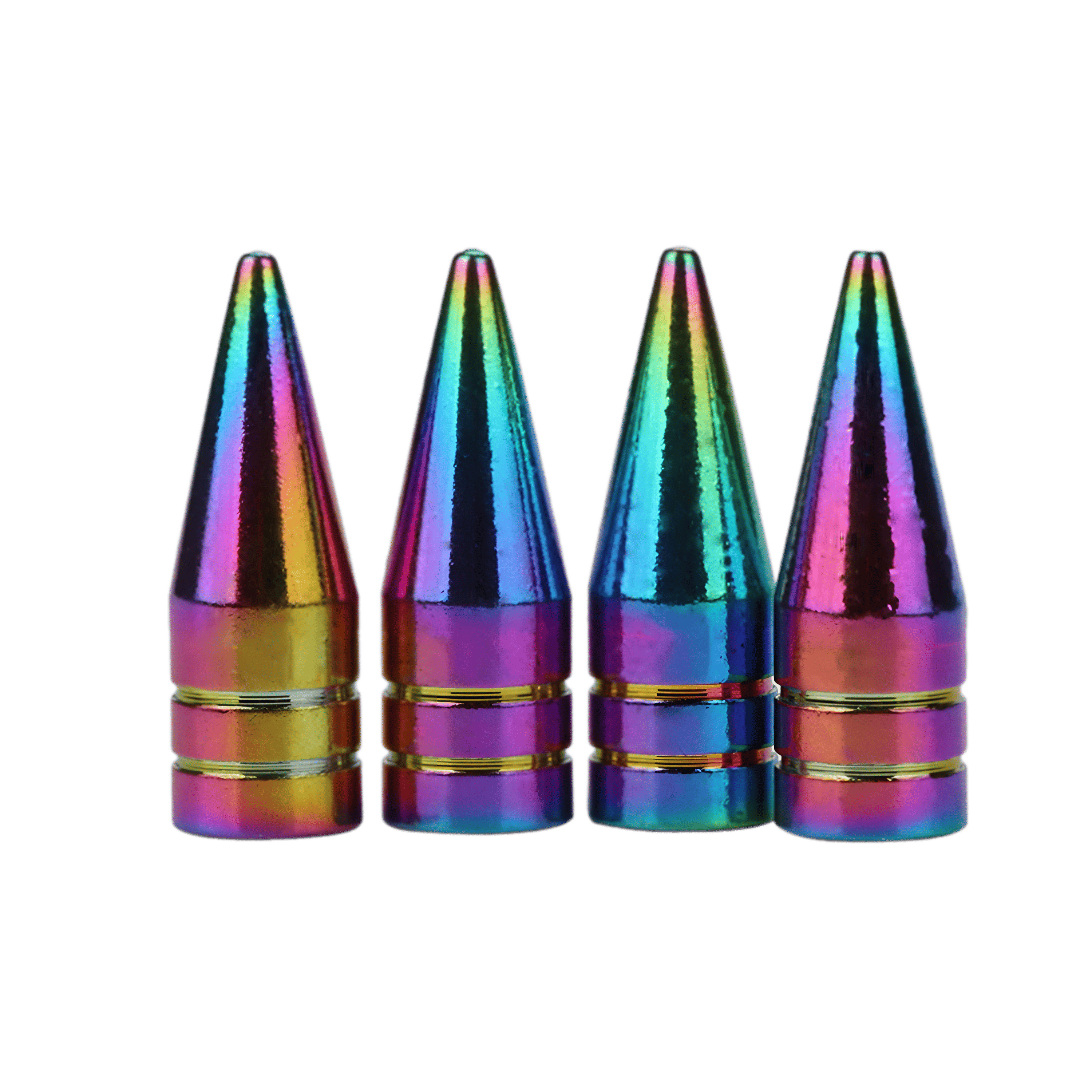 A set of four ChroMorpher spiked aluminum valve caps in a vibrant neo chrome finish, featuring a metallic rainbow gradient. The caps have a pointed, aggressive design with a grooved base for easy installation.