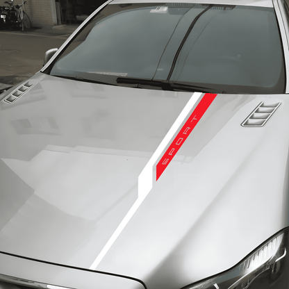 A sleek "SPORT" decal stripe in red and white across the hood of a silver car, giving it a stylish and sporty look.