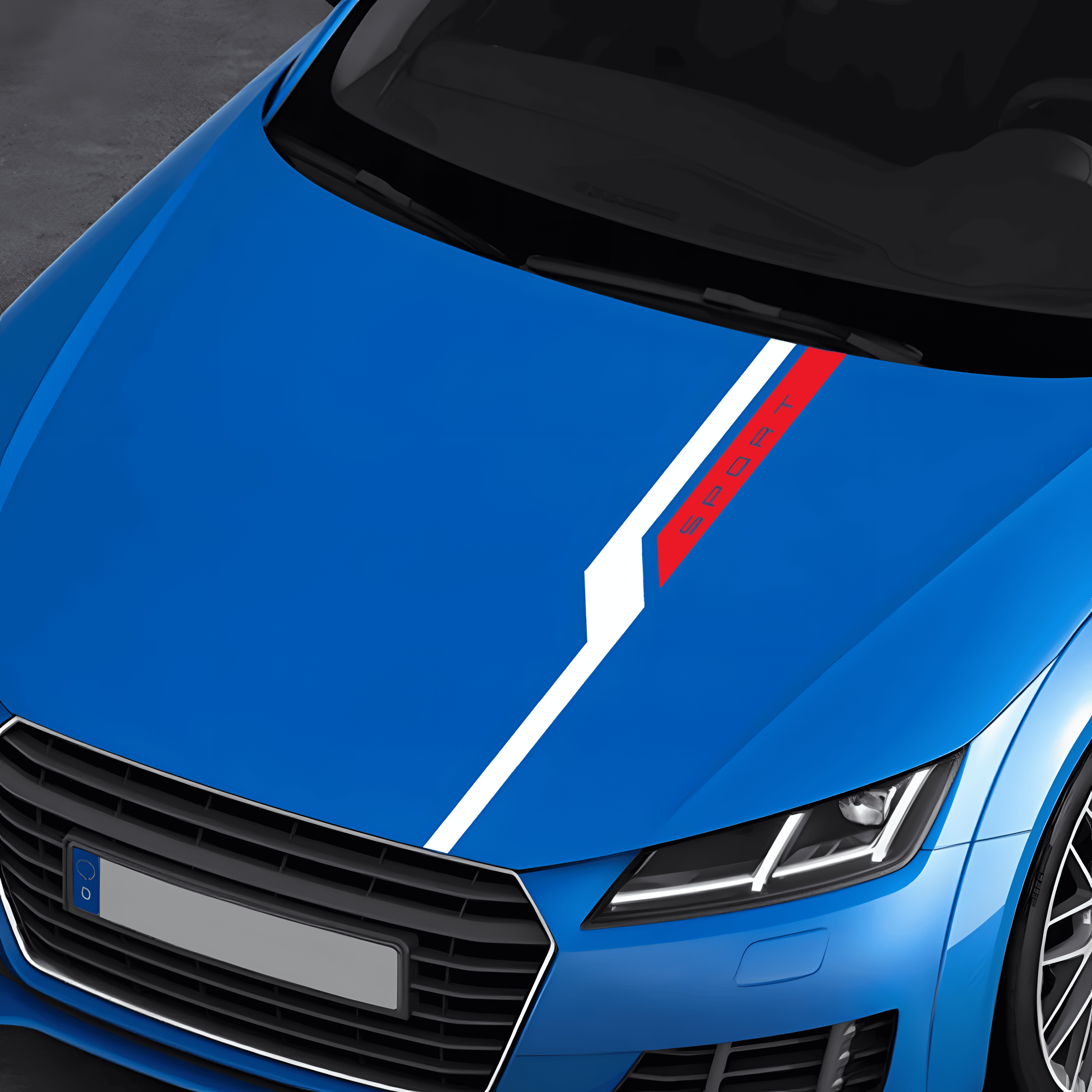 A vibrant blue car with a white and red 