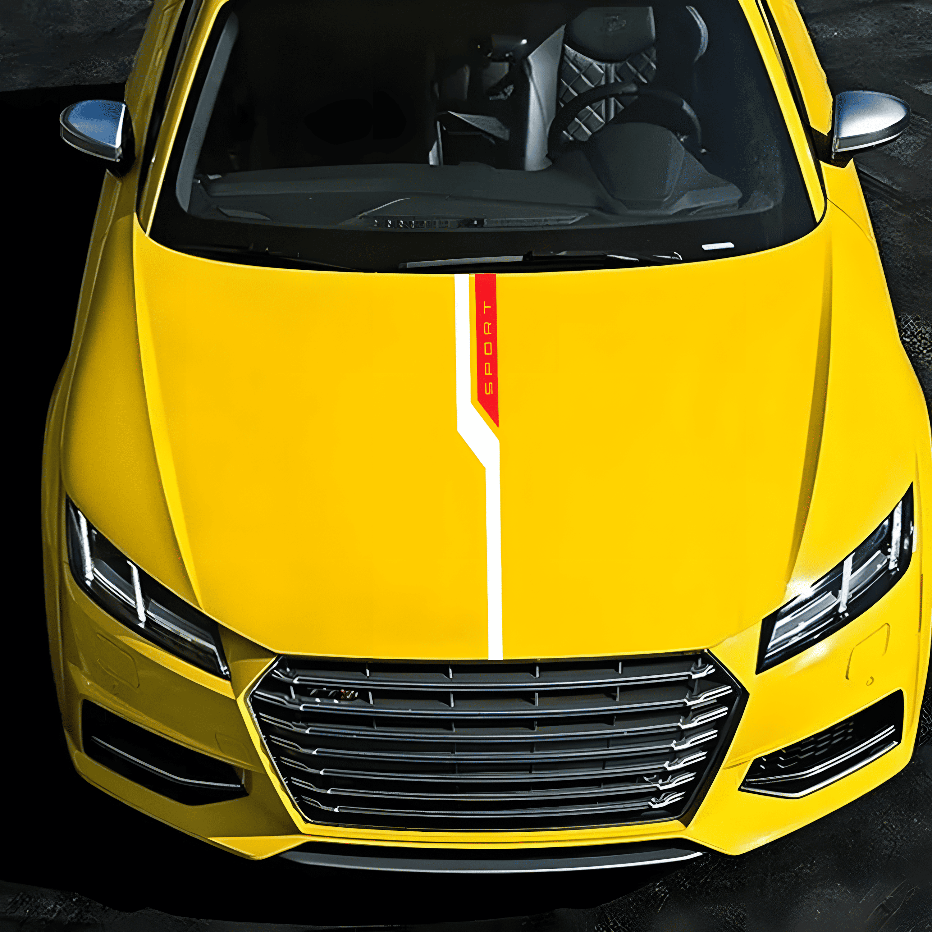 A bright yellow car with a bold white and red 