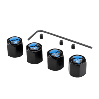 A set of ChroMorpher Tactical Skull Valve Caps featuring a bold skull design in blue, perfect for adding a rebellious touch to any ride. Crafted from durable zinc alloy, these caps are anti-theft, corrosion-resistant, and weatherproof, ensuring long-lasting performance. Designed for universal compatibility, they fit most cars, trucks, motorcycles, and bicycles. The locking mechanism and included installation tool provide extra security, making them a stylish yet functional upgrade for your vehicle.