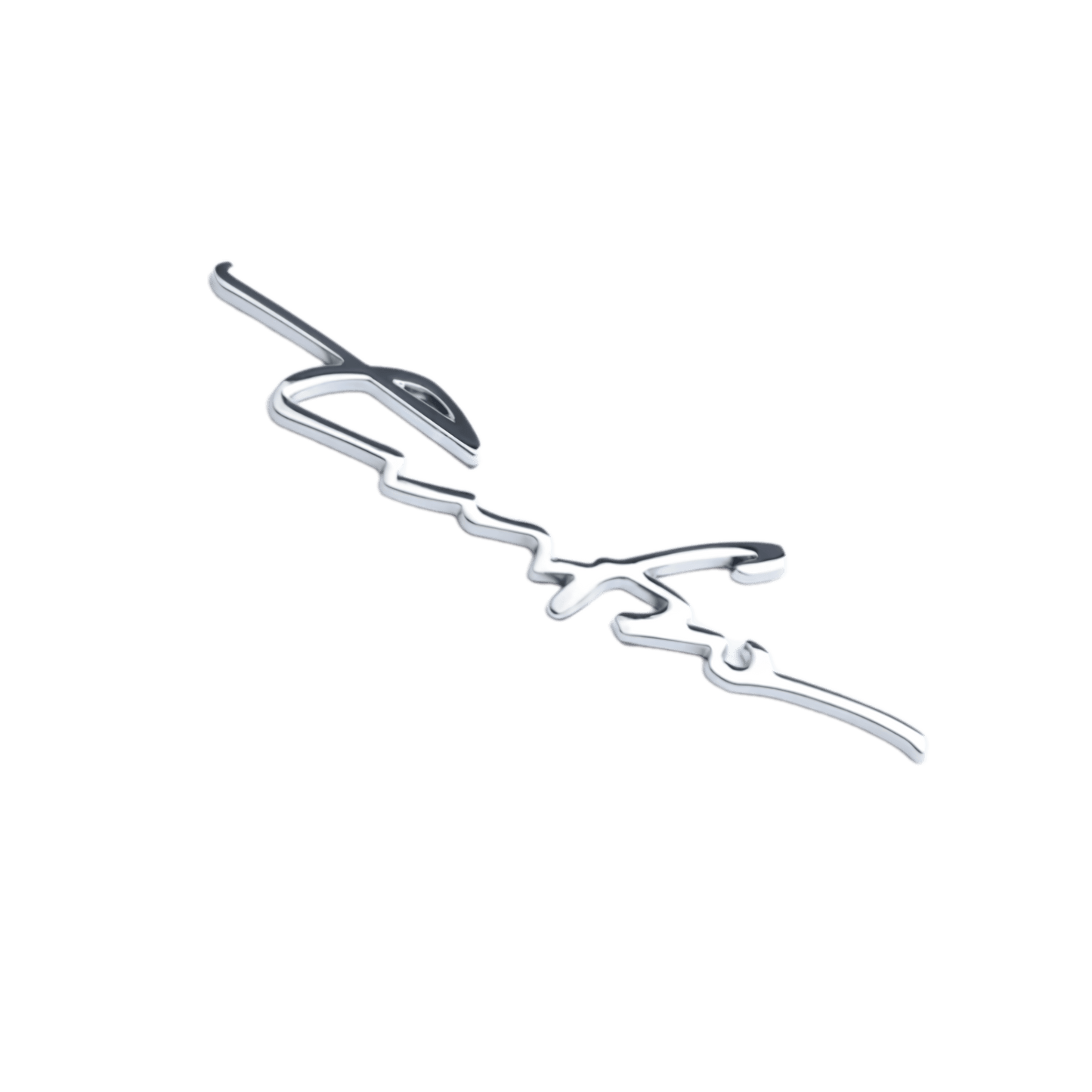 A close-up of the silver "Turbo" 3D emblem badge made from high-quality zinc alloy. The stylish and sleek design is perfect for adding a race-inspired look to your vehicle's interior and exterior surfaces. This durable, self-adhesive car sticker is ideal for customizing your car's body, windows, and bumpers with an eye-catching, metallic shine.