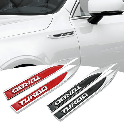 ChroMorpher Turbo Metal Fender Emblem displayed on a white car, showcasing red and black turbo car badges in a sleek, modern design for stylish car customization.