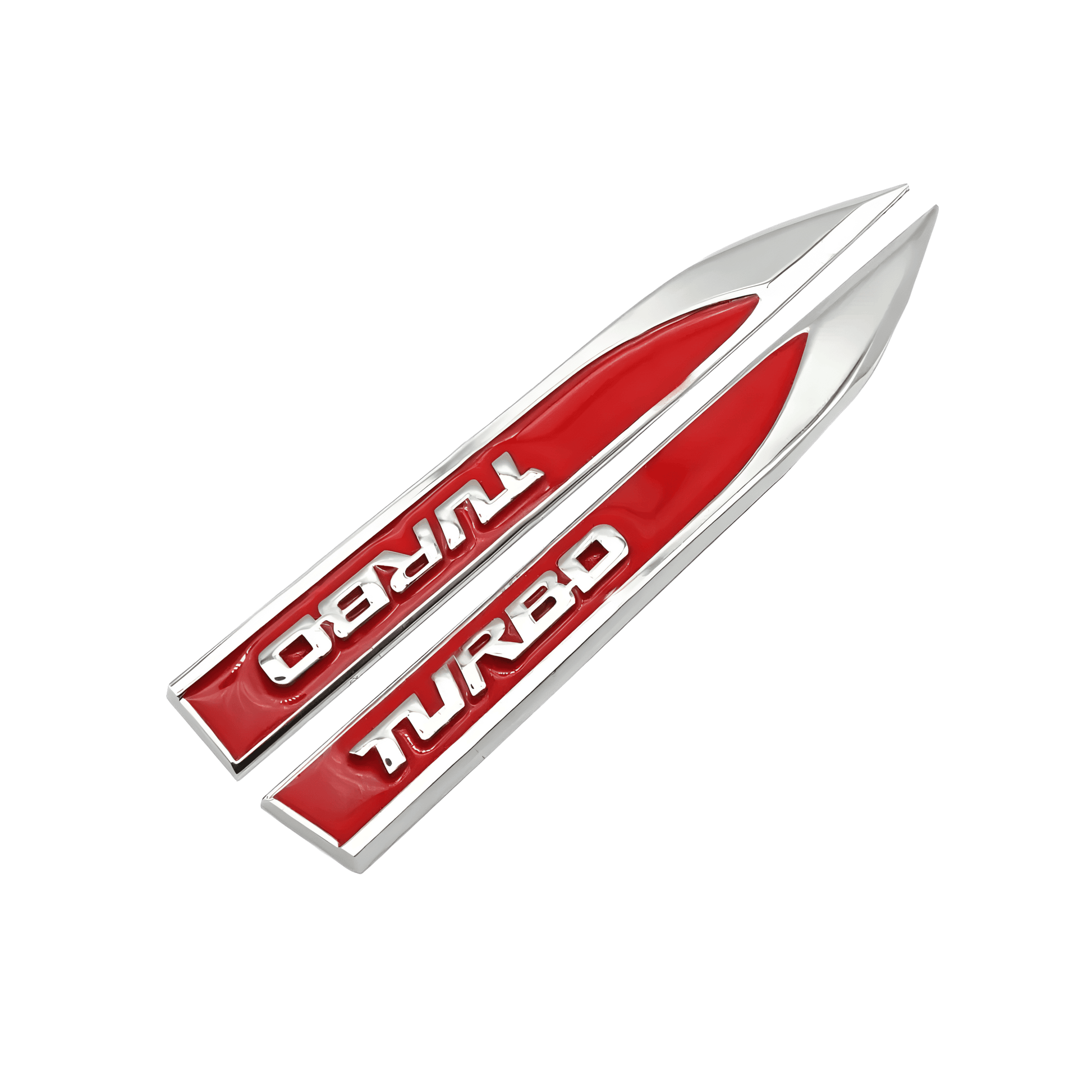 ChroMorpher Turbo Red Chrome Fender Emblems with bold "TURBO" text and red inlay, designed to add a sporty, high-performance accent to your vehicle's exterior.