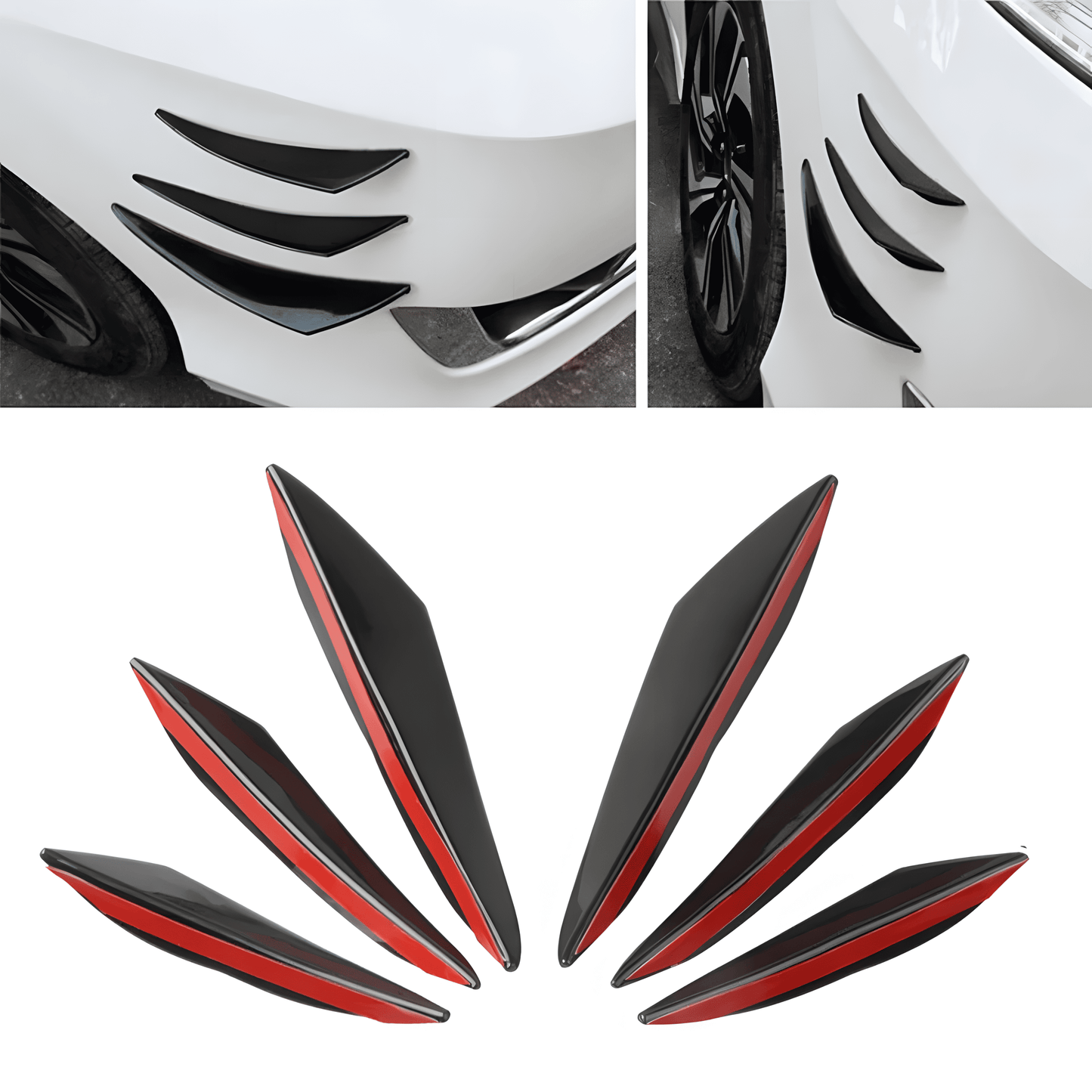 A 6-piece universal rear bumper spoiler diffuser kit in sleek black with red adhesive backing, designed to enhance a car’s aerodynamics and appearance. The image showcases the diffusers installed on a white vehicle's rear bumper, adding an aggressive, sporty look.