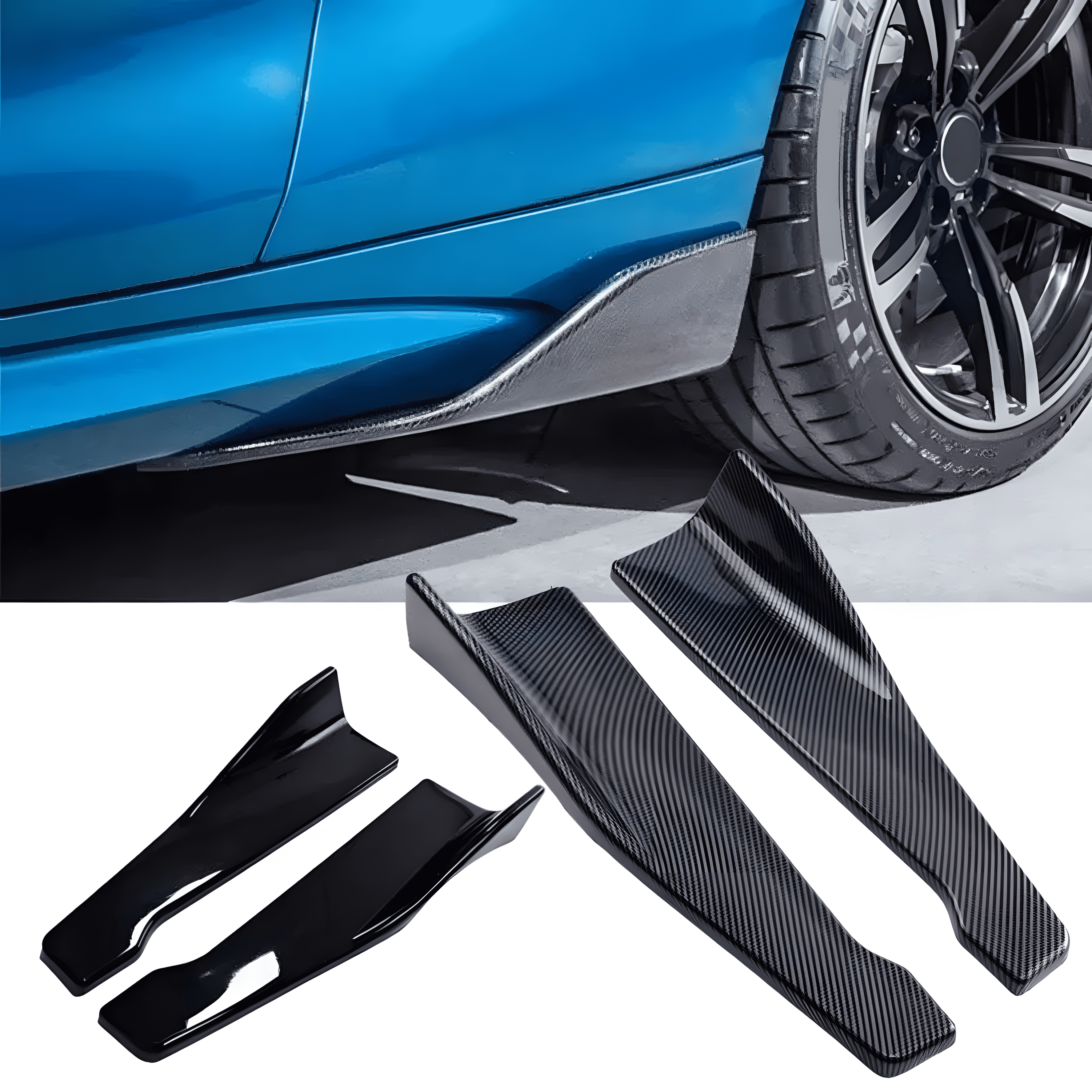 A set of universal rear side skirt extensions in carbon fiber-style and gloss black finishes, designed to enhance a car’s aerodynamics and sporty appearance. The image shows the extensions installed on a blue vehicle’s rear side skirt, giving it a sleek and aggressive stance. These durable ABS plastic splitters are easy to install and fit most cars.