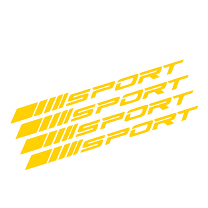 A set of yellow "SPORT" decals designed for wheel rims, adding a vibrant and sporty touch to cars, motorcycles, and trucks. These high-quality vinyl stickers are weather-resistant and provide a sleek, custom look.
