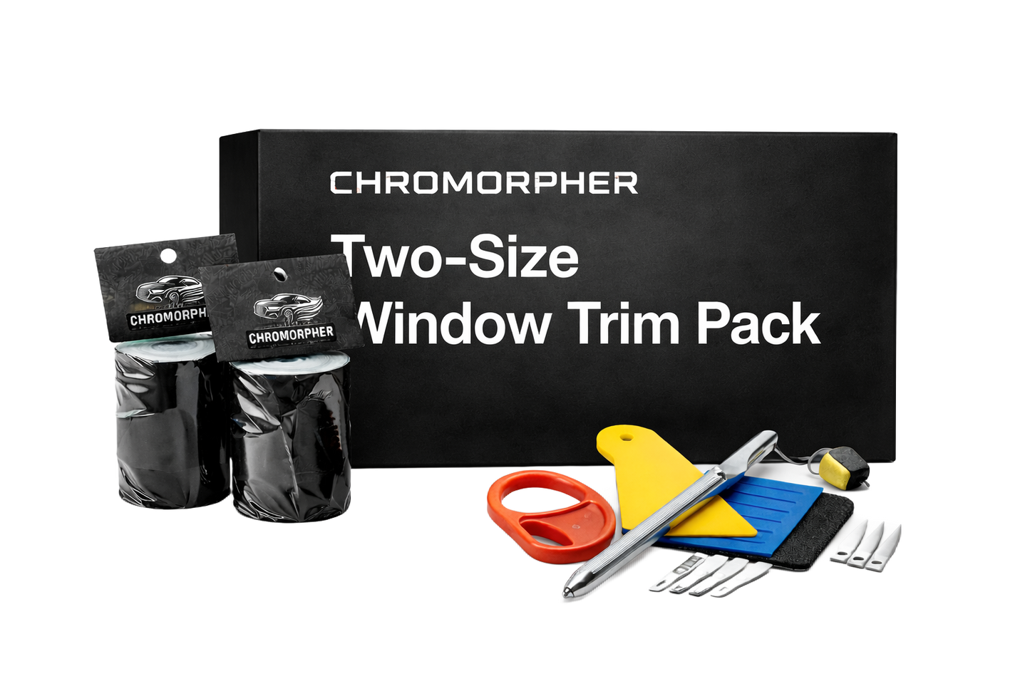 Two-size window trim pack box with its content outside.