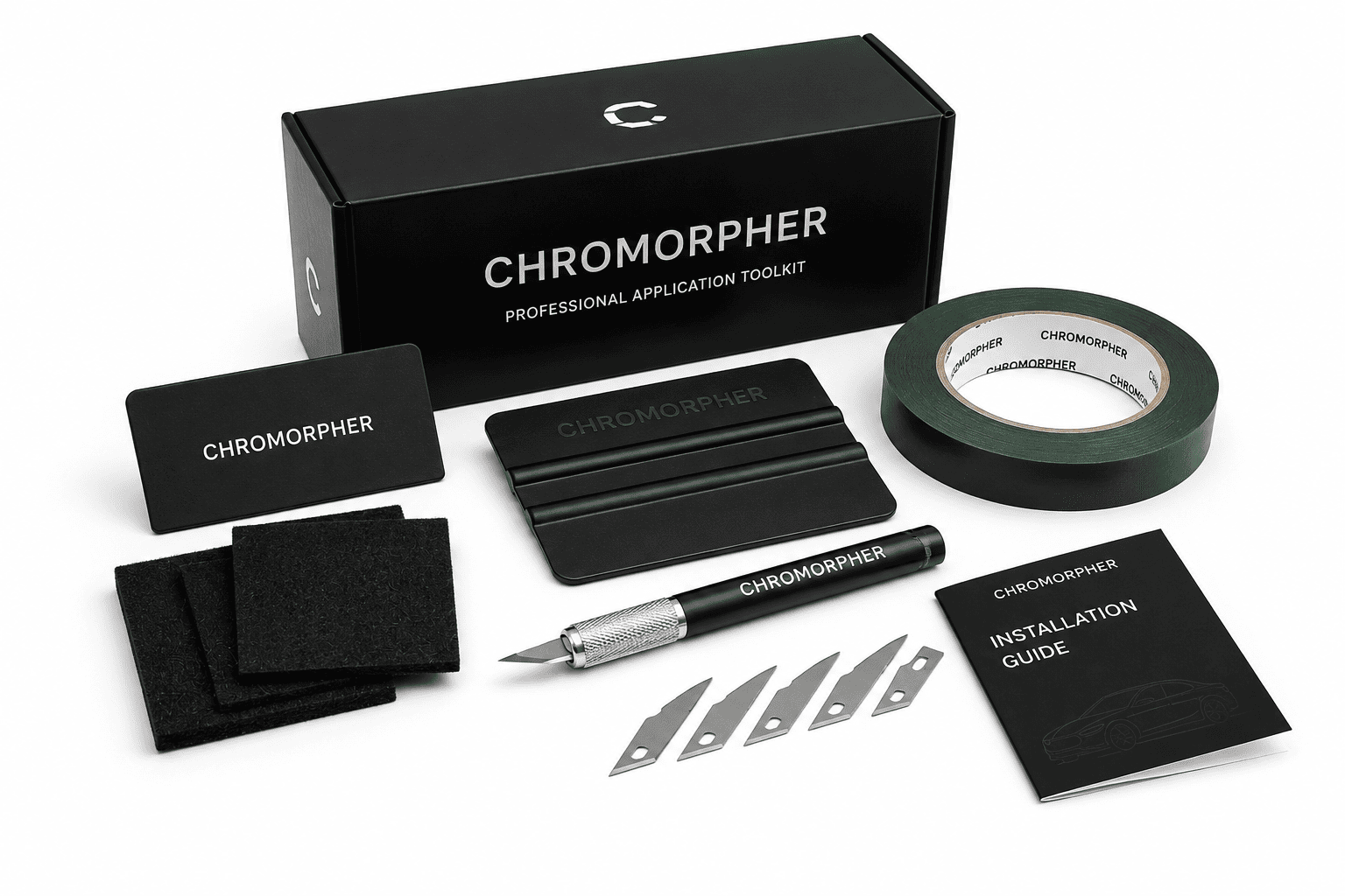 ChroMorpher Professional Application Toolkit with premium vinyl installation tools including squeegee, precision knife, felt edge pads, knifeless tape, installation guide, and branded storage box on a white background.