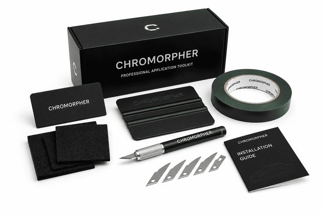 ChroMorpher Professional Application Toolkit with premium vinyl installation tools including squeegee, precision knife, felt edge pads, knifeless tape, installation guide, and branded storage box on a white background.