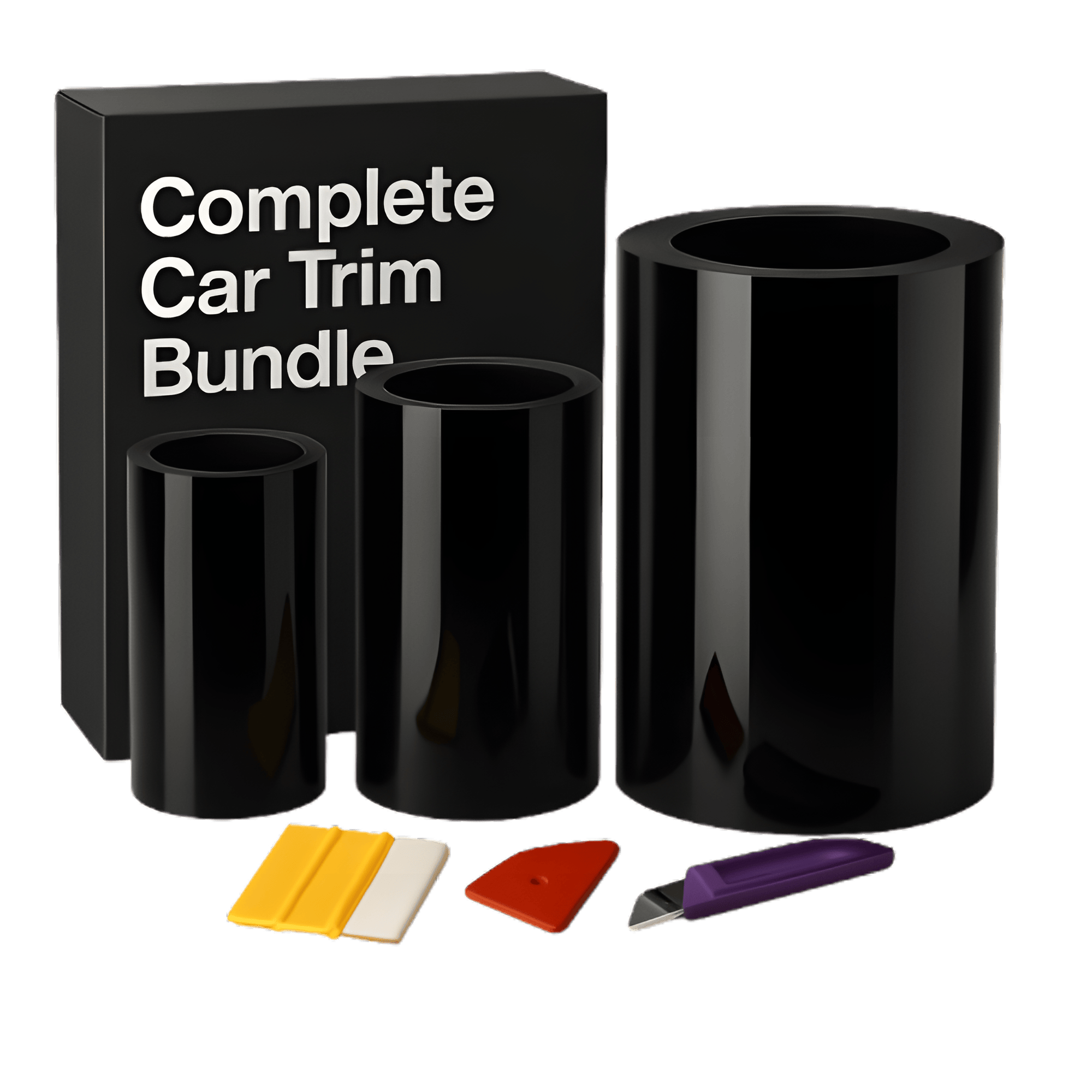Complete car trim bundle with black cylindrical items and tools on a white background