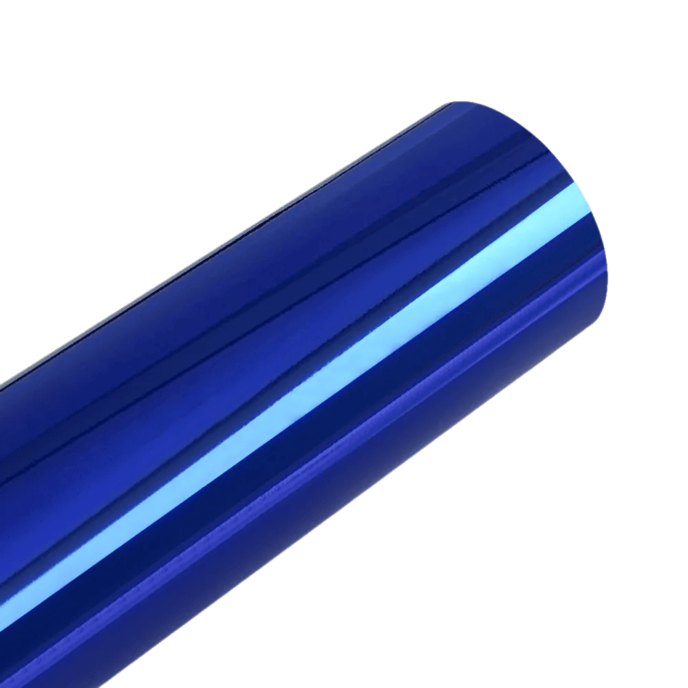 A stunning deep blue Chrome Mirror Vinyl roll with a high-gloss, reflective surface, ideal for achieving a sleek and vibrant finish on vehicles, accessories, and creative designs.