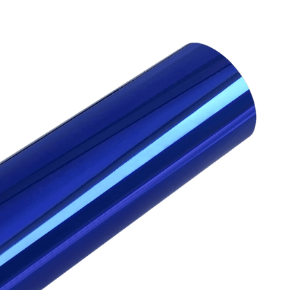 A stunning deep blue Chrome Mirror Vinyl roll with a high-gloss, reflective surface, ideal for achieving a sleek and vibrant finish on vehicles, accessories, and creative designs.