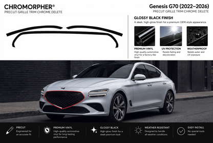 ChroMorpher Genesis G70 (2022–2026) precut grille trim chrome delete kit showing the three precut vinyl pieces and a G70 front three-quarter view with the grille surround outlined in red.