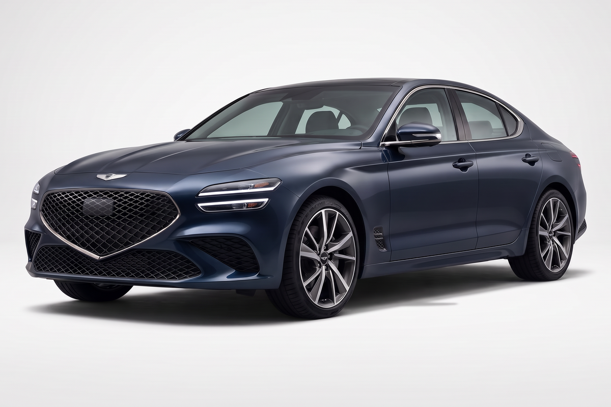 Genesis G70 sedan in deep metallic blue shown from a front three-quarter angle on a light studio background.