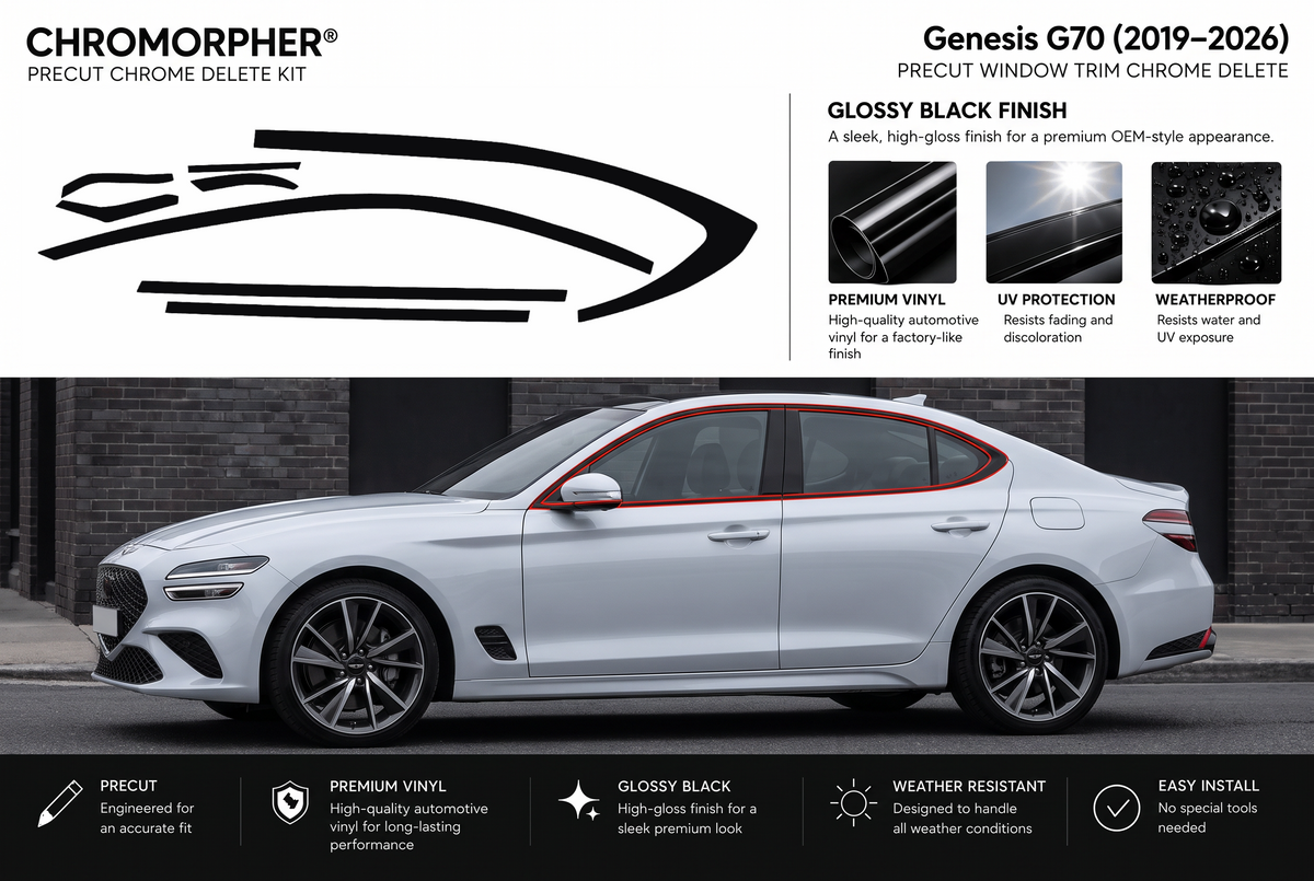ChroMorpher Genesis G70 (2019–2026) precut window trim chrome delete kit showing the eight precut vinyl pieces and a G70 side profile with the window trim area outlined in red.