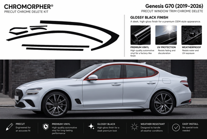 ChroMorpher Genesis G70 (2019–2026) precut window trim chrome delete kit showing the eight precut vinyl pieces and a G70 side profile with the window trim area outlined in red.
