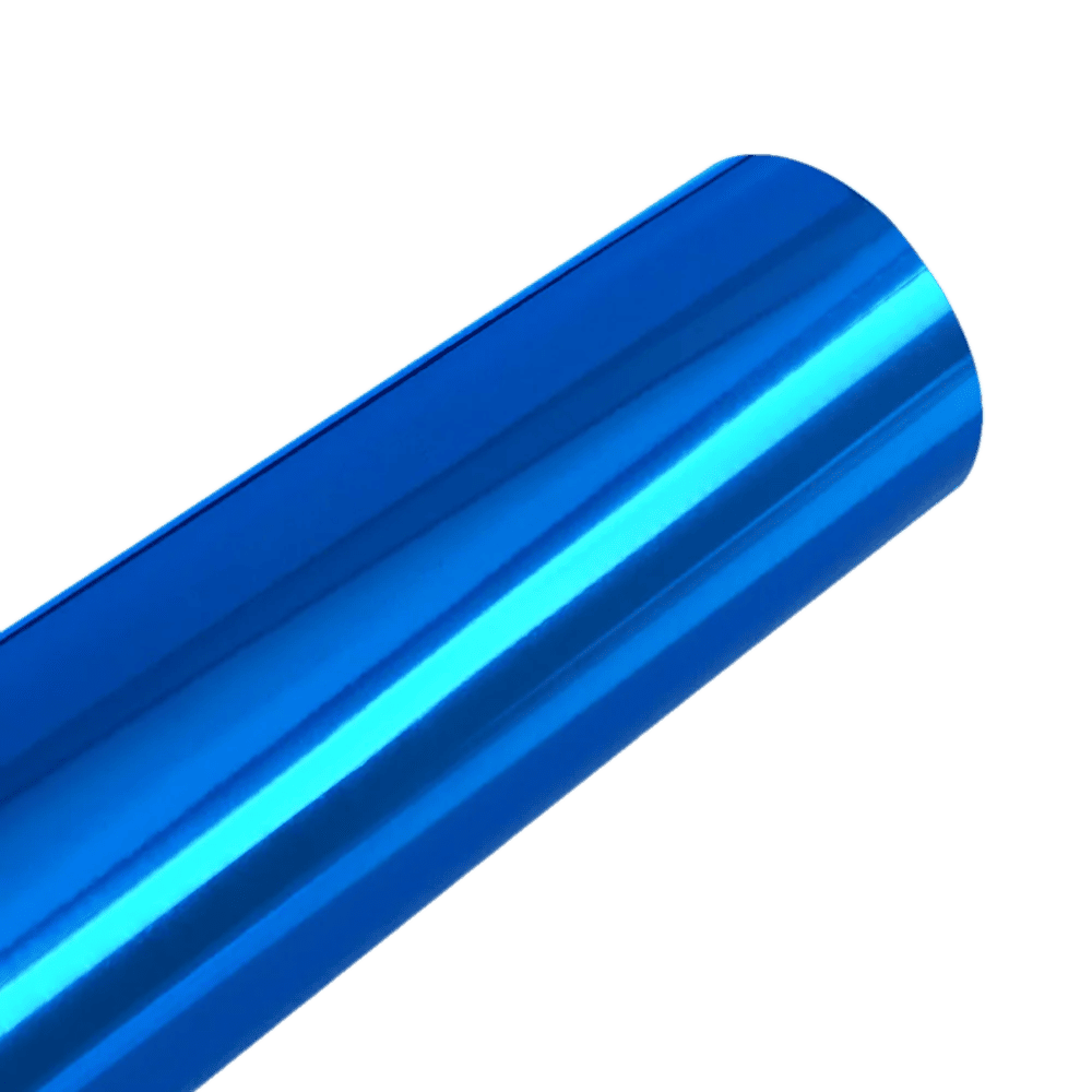 A striking glossy blue Chrome Mirror Vinyl roll with a reflective finish, ideal for creating bold automotive and design accents with a premium, polished look.