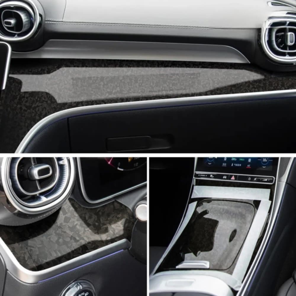 A car interior refined with Glossy Forged Carbon Fiber Vinyl Wrap in a classic black forged carbon pattern. The dashboard, center console, and trim areas feature the high-gloss finish, adding a sleek and modern touch to the vehicle's design.