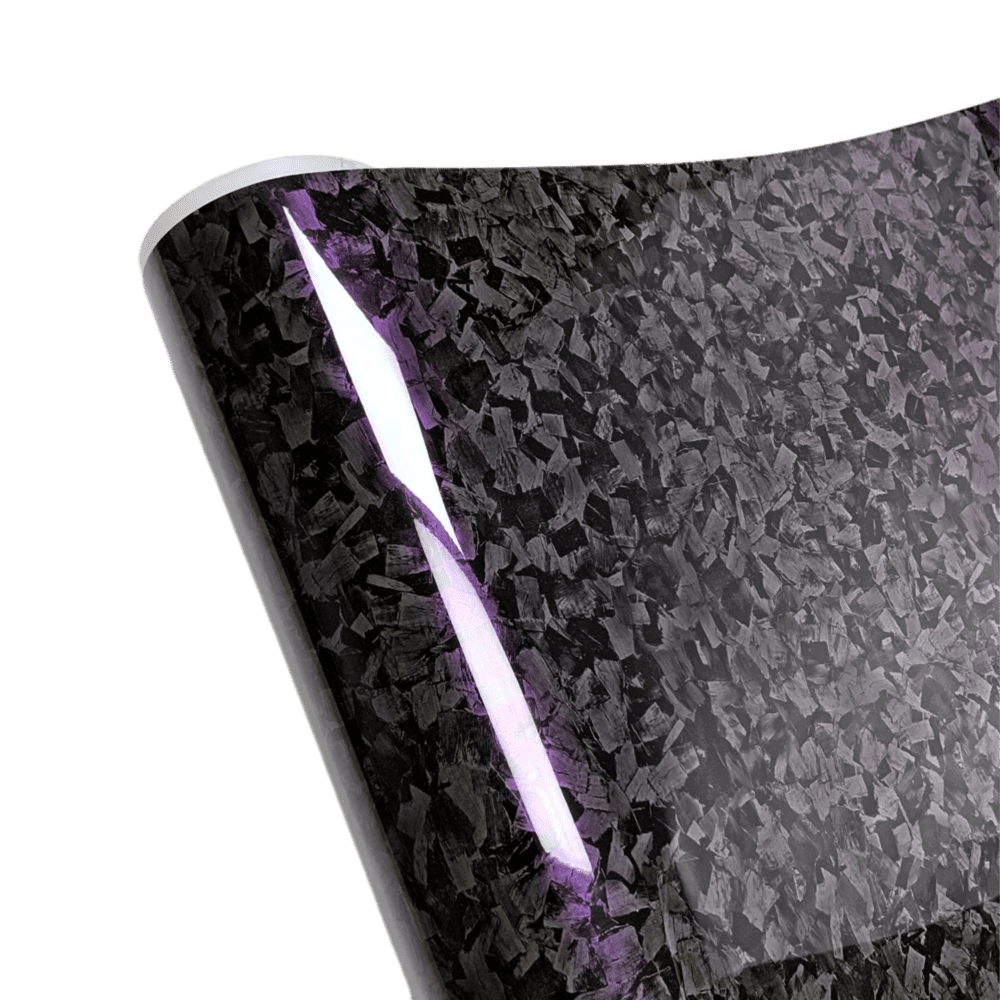 A close-up view of the Glossy Forged Carbon Fiber Vinyl Wrap, showcasing its intricate forged carbon pattern and high-gloss finish with a subtle purple reflection. The premium PVC material ensures a sleek, durable, and professional look, perfect for car and accessory customizations.