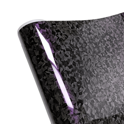 A close-up view of the Glossy Forged Carbon Fiber Vinyl Wrap, showcasing its intricate forged carbon pattern and high-gloss finish with a subtle purple reflection. The premium PVC material ensures a sleek, durable, and professional look, perfect for car and accessory customizations.