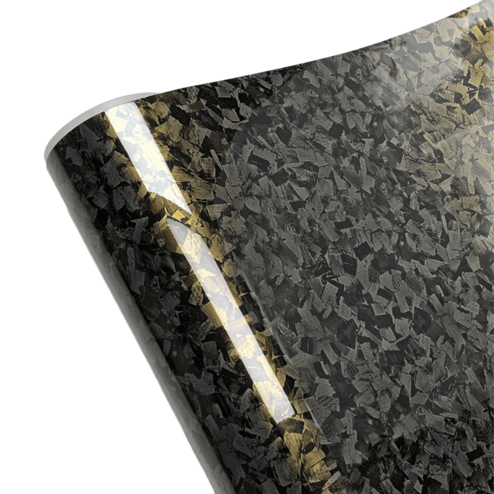 A close-up view of the Glossy Forged Carbon Fiber Vinyl Wrap with a gold accent reflection, highlighting its intricate forged carbon pattern and high-gloss finish. The premium PVC material offers a sleek, durable, and professional-grade aesthetic for car and accessory customizations.