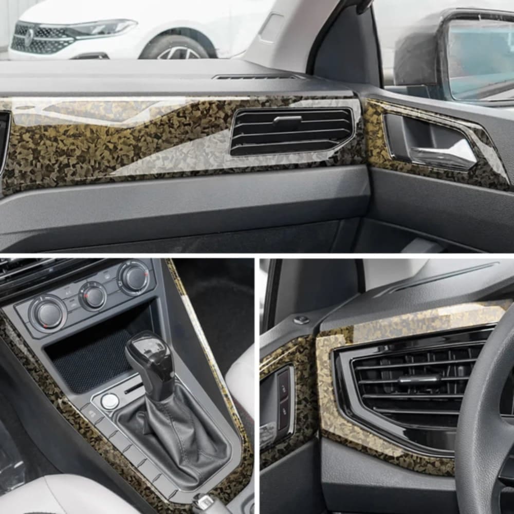 A car interior enhanced with Glossy Forged Carbon Fiber Vinyl Wrap in a gold forged carbon pattern. The dashboard, center console, and door trim are wrapped with the high-gloss finish, providing a sophisticated and modern upgrade to the vehicle's design.