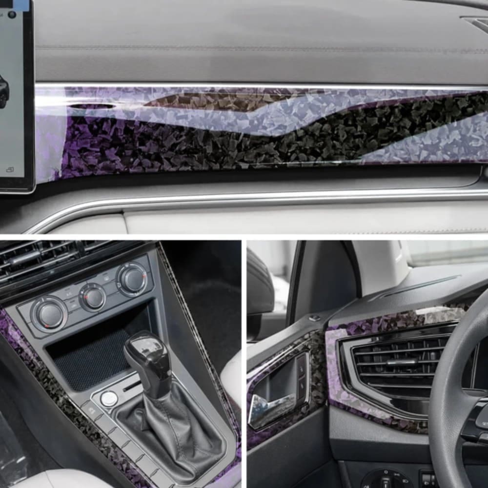 A car interior customized with Glossy Forged Carbon Fiber Vinyl Wrap featuring a purple forged carbon pattern. The dashboard, center console, and door trim showcase the sleek, high-gloss finish, enhancing the vehicle's aesthetics with a modern, luxurious look.