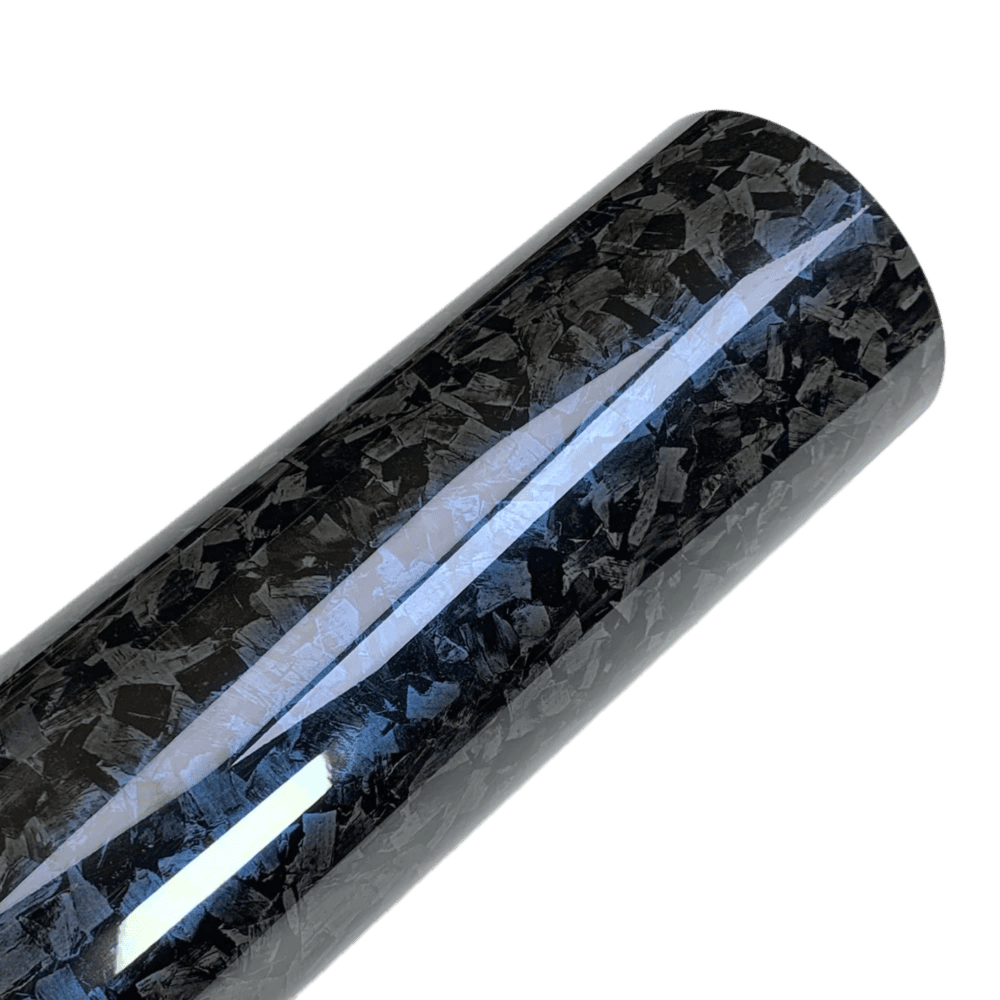 A detailed close-up of a roll of Glossy Forged Carbon Fiber Vinyl Wrap with a reflective blue highlight. The premium forged carbon pattern and high-gloss finish emphasize its sleek, durable design, perfect for customizing cars and accessories with a professional-grade aesthetic.