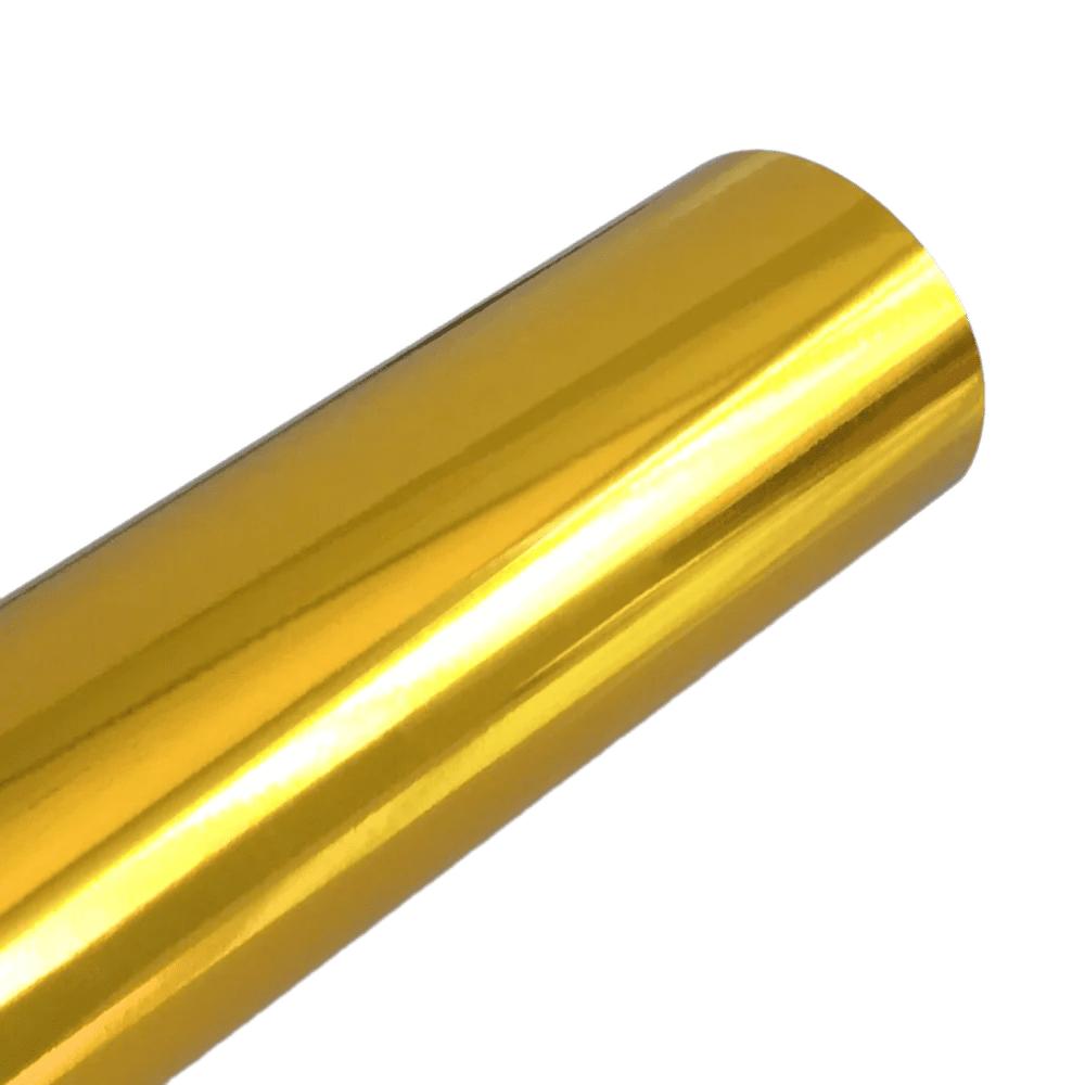 A luxurious glossy gold Chrome Mirror Vinyl roll with a dazzling reflective finish, perfect for adding a premium and elegant touch to automotive or decorative projects.