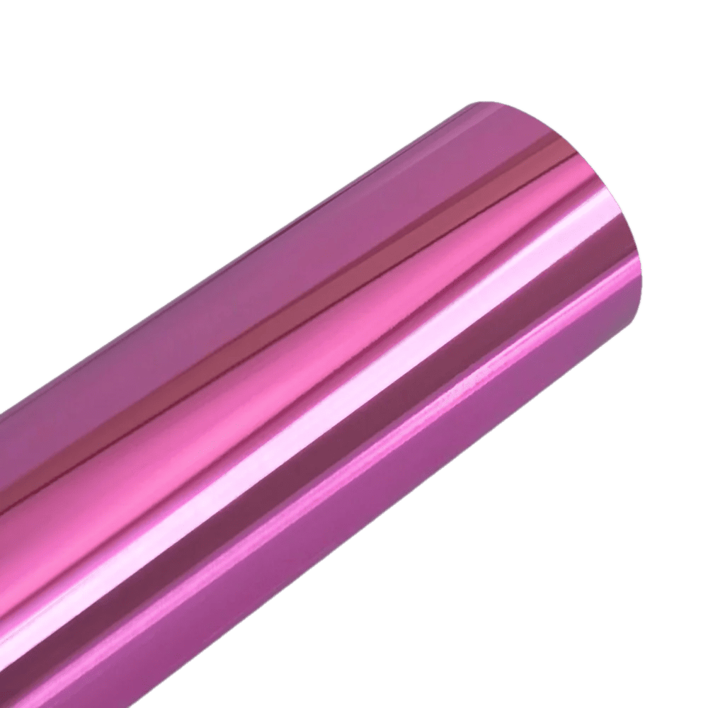 A vibrant glossy pink Chrome Mirror Vinyl roll with a sleek and reflective finish, ideal for adding a bold and stylish touch to vehicles or creative projects.