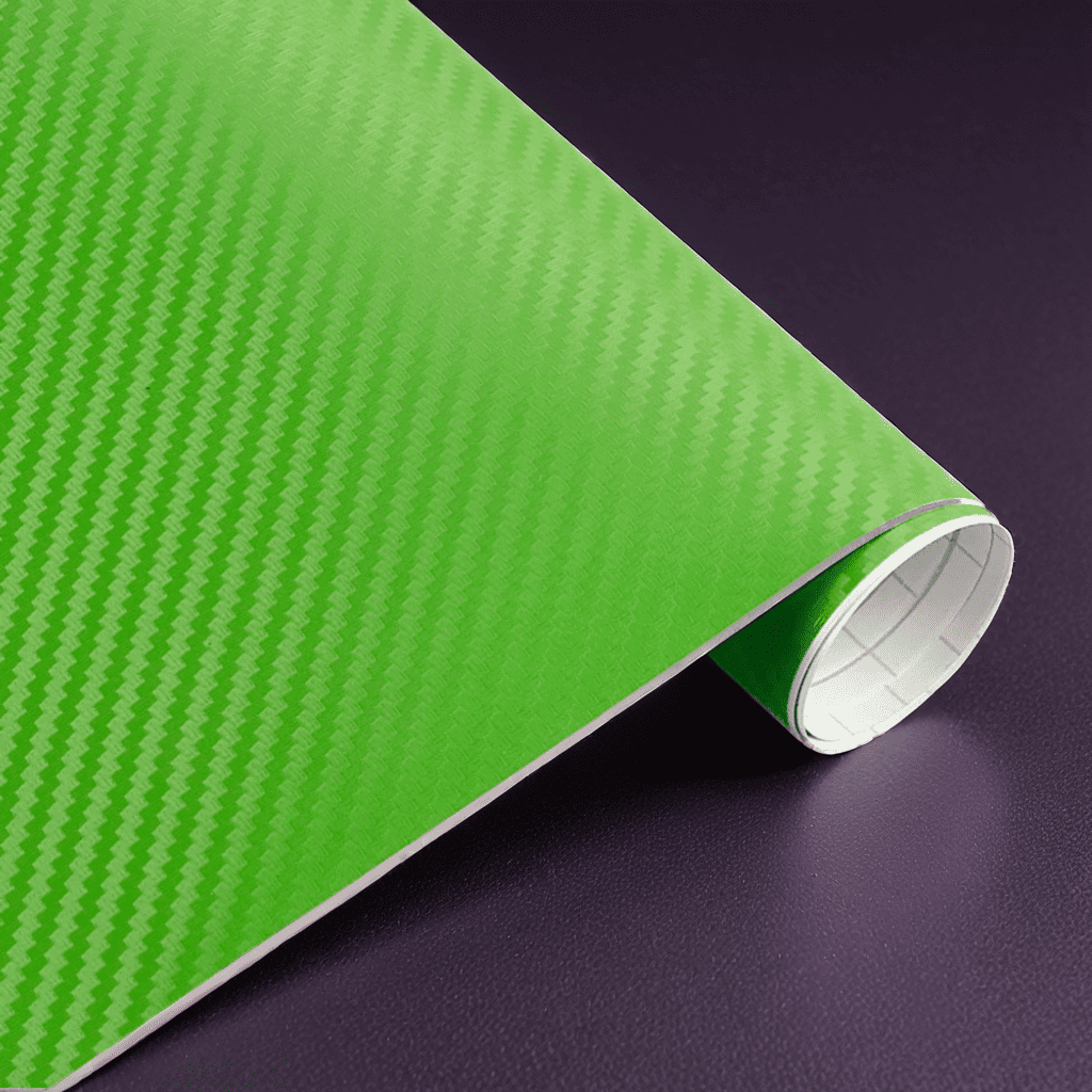 A roll of ChroMorpher carbon fiber vinyl in green, showcasing a vibrant and realistic 3D carbon fiber texture, ideal for creating a bold and customized look on vehicles or various surfaces.