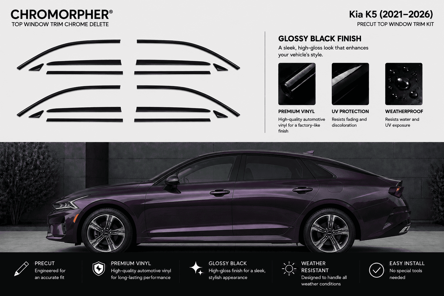 Chromorpher top window trim chrome delete kit for Kia K5 (2021-2026) in glossy black finish. The image shows the black decal cut lines for the window trim on the left, product features on the upper right, and a dark purple Kia K5 sedan on a dark background at the bottom illustrating the installed look.