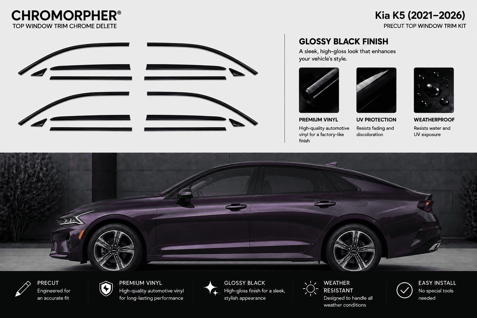 Chromorpher top window trim chrome delete kit for Kia K5 (2021-2026) in glossy black finish. The image shows the black decal cut lines for the window trim on the left, product features on the upper right, and a dark purple Kia K5 sedan on a dark background at the bottom illustrating the installed look.