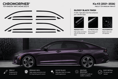 Chromorpher top window trim chrome delete kit for Kia K5 (2021-2026) in glossy black finish. The image shows the black decal cut lines for the window trim on the left, product features on the upper right, and a dark purple Kia K5 sedan on a dark background at the bottom illustrating the installed look.