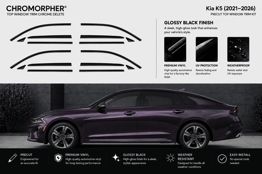 Chromorpher top window trim chrome delete kit for Kia K5 (2021-2026) in glossy black finish. The image shows the black decal cut lines for the window trim on the left, product features on the upper right, and a dark purple Kia K5 sedan on a dark background at the bottom illustrating the installed look.