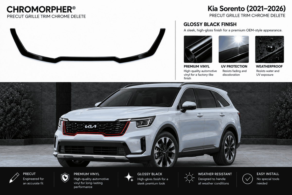 A black Chromorphor grille trim product shown above a white Kia Sorent SUV on a dark background, with feature callouts and installation benefits for Kia Sorent (2021-2026).
