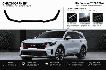 A black Chromorphor grille trim product shown above a white Kia Sorent SUV on a dark background, with feature callouts and installation benefits for Kia Sorent (2021-2026).