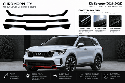 Chromorpher precut lower lip chrome delete kit for Kia Sorento (2021-2026) shown with four black lip spoiler pieces on the left and a white Kia Sorento SUV on a dark street background on the right.